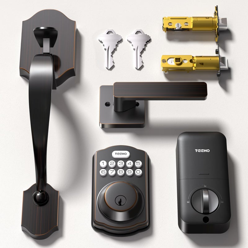 TEEHO Keyless Entry Door Lock Deadbolt with Handle Set  Electronic Digital Smart Locks Set for Front Door with 2 Keys  Easy to Install Keypad Deadbolt  Auto Lock - Oil-Rubbed Bronze - Image 1